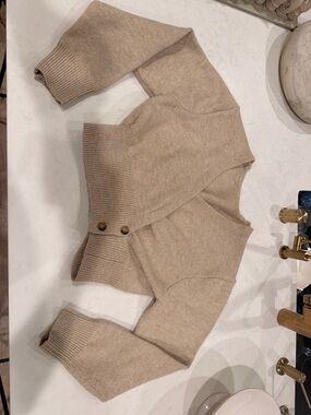 Zara Beige Cropped Soft Knit Cross Style Cardigan with Button Detail